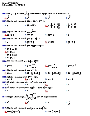Đề thi môn Toán 12 học kỳ 1